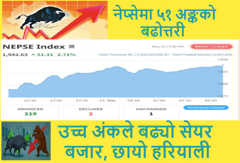 उच्च अंकले बढ्यो सेयर बजार, छायो हरियाली