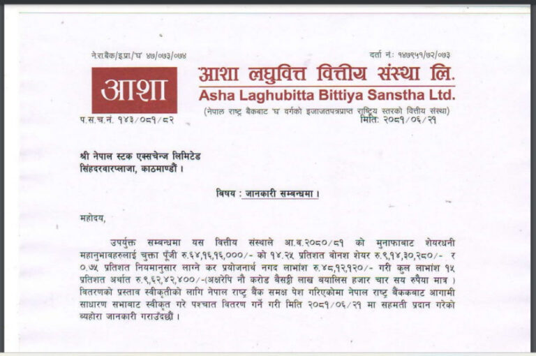 आशा लघुवित्तको १५ प्रतिसत लाभांश स्वीकृत